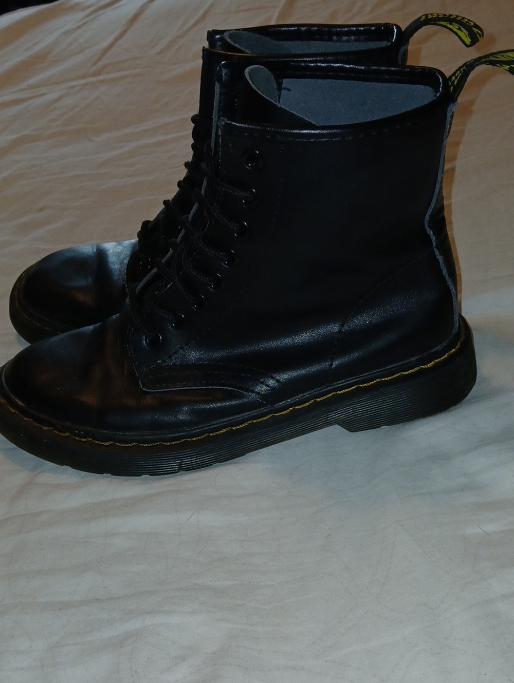 Dr. Martens Black Leather Lace-Up Combat Ankle Boots Yellow Stitching Sz: M6/ W8